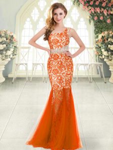 Stunning Orange Red Tulle Zipper One Shoulder Sleeveless Floor Length Prom Evening Gown Beading and Lace