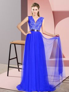 Customized Royal Blue V-neck Zipper Beading and Lace Evening Dress Sweep Train Sleeveless