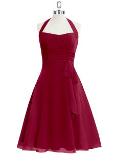 Custom Fit Ruching Prom Dresses Wine Red Zipper Sleeveless Knee Length