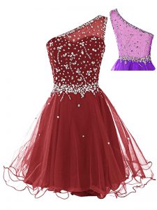 Stunning Mini Length Side Zipper Prom Evening Gown Wine Red for Prom and Party with Beading