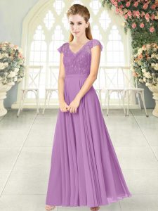 Lilac Empire Lace Evening Dress Zipper Chiffon Cap Sleeves Ankle Length