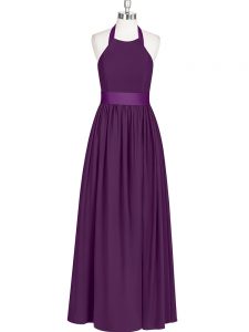 Eggplant Purple Empire Halter Top Sleeveless Chiffon Floor Length Zipper Ruching Prom Gown