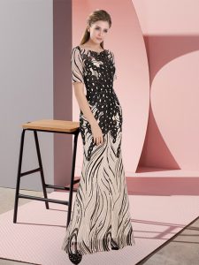 Designer Black Half Sleeves Floor Length Sequins Zipper Dress for Prom