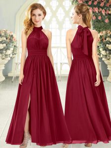 Wine Red Zipper Prom Dresses Ruching Sleeveless Ankle Length