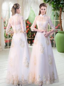 White Prom and Party with Appliques High-neck 3 4 Length Sleeve Zipper