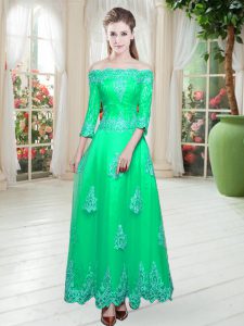 Stunning Turquoise Tulle Lace Up Prom Evening Gown 3 4 Length Sleeve Floor Length Lace