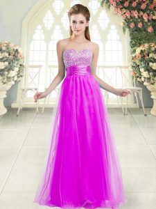 Great Sleeveless Floor Length Beading Lace Up Evening Dress with Purple