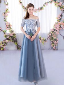 Fantastic Floor Length Blue Bridesmaid Gown Off The Shoulder Short Sleeves Lace Up