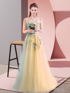 Tulle Sweetheart Sleeveless Lace Up Appliques in Light Yellow
