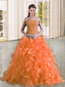 Orange Off The Shoulder Neckline Beading and Lace and Ruffles Sweet 16 Dresses Sleeveless Lace Up