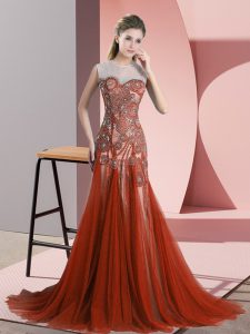 Low Price Rust Red Sleeveless Sweep Train Beading Prom Party Dress