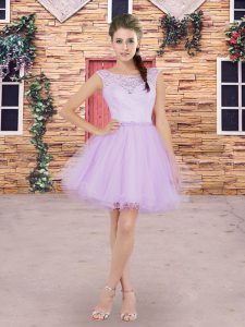 Custom Designed Mini Length Lace Up Bridesmaid Dress Lavender for Prom and Party and Wedding Party with Beading and Lace