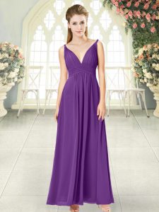 Great Purple V-neck Zipper Ruching Dress for Prom Sleeveless