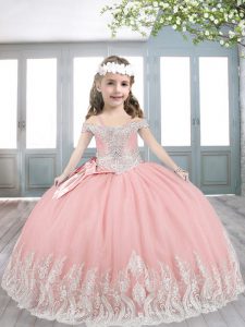 Sweet Pink Sleeveless Tulle Lace Up Little Girls Pageant Dress for Party and Wedding Party