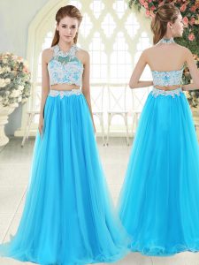 Spectacular Aqua Blue Halter Top Neckline Lace Prom Dresses Sleeveless Zipper