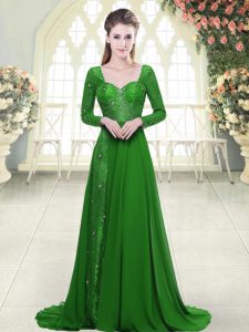 Designer Sweetheart Long Sleeves Sweep Train Backless Dress for Prom Green Chiffon