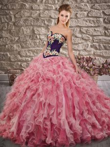 Great Pink Ball Gown Prom Dress Military Ball and Sweet 16 and Quinceanera with Embroidery and Ruffles Sweetheart Sleeve