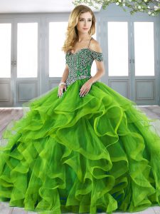 Sophisticated Off The Shoulder Sleeveless Quinceanera Dress Sweep Train Beading and Ruffles Green Organza