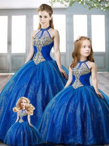 Elegant Royal Blue Ball Gowns Beading 15th Birthday Dress Lace Up Organza Sleeveless