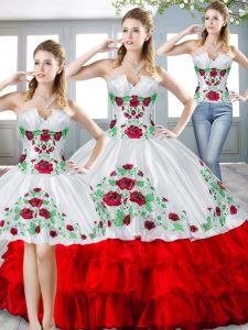 High Quality White And Red Sweetheart Neckline Beading and Embroidery and Ruffled Layers Quinceanera Gown Sleeveless Lac