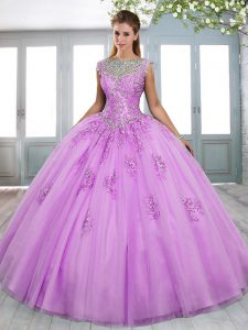 Vintage Lilac Tulle Lace Up 15th Birthday Dress Sleeveless Sweep Train Beading and Appliques