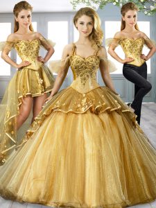 Graceful Lace Up 15th Birthday Dress Gold for Military Ball and Sweet 16 and Quinceanera with Beading and Appliques Swee