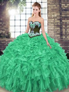 Sweet Sweetheart Sleeveless Organza Sweet 16 Quinceanera Dress Embroidery and Ruffles Sweep Train Lace Up