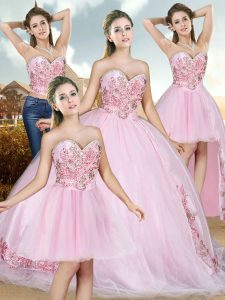 Smart Baby Pink Sleeveless Beading and Appliques Lace Up 15th Birthday Dress