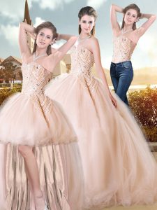 Champagne Sweetheart Neckline Beading Ball Gown Prom Dress Sleeveless Lace Up