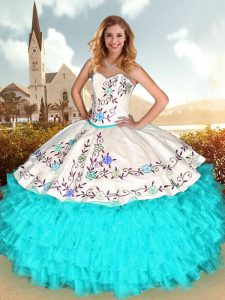 Lace Up 15th Birthday Dress White and Turquoise for Military Ball and Sweet 16 and Quinceanera with Embroidery