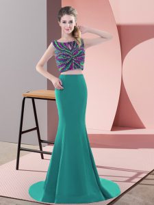 Two Pieces Sleeveless Turquoise Homecoming Dress Sweep Train Backless