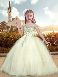 Off The Shoulder Short Sleeves Tulle Pageant Dress for Girls Beading and Appliques Lace Up