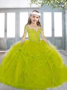 Tulle Scoop Long Sleeves Sweep Train Lace Up Beading and Appliques and Ruffles Little Girl Pageant Gowns in Olive Green