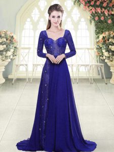 Fashion Royal Blue Long Sleeves Beading and Lace Backless Prom Dress