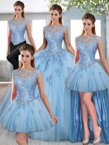 Charming Blue Sleeveless Sweep Train Beading and Lace 15 Quinceanera Dress