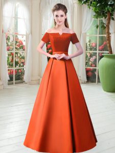 Satin Off The Shoulder Short Sleeves Lace Up Belt Dress for Prom in Orange Red