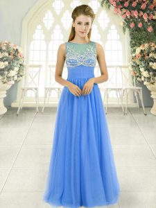 Comfortable Blue Empire Tulle Scoop Sleeveless Beading Floor Length Side Zipper Dress for Prom