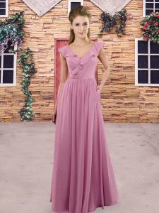 Fantastic Sleeveless Chiffon Floor Length Zipper Court Dresses for Sweet 16 in Lilac with Ruching