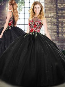 Artistic Black Ball Gowns Scoop Sleeveless Floor Length Zipper Embroidery Sweet 16 Quinceanera Dress