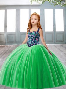 Eye-catching Straps Sleeveless Tulle Little Girl Pageant Dress Embroidery Brush Train Lace Up
