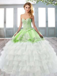 Modest White Organza Lace Up Sweetheart Sleeveless 15 Quinceanera Dress Court Train Embroidery and Ruffled Layers