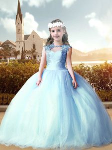 Baby Blue Sleeveless Beading and Appliques Floor Length Pageant Dress for Womens