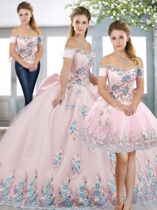 Stylish Floor Length Lace Up Sweet 16 Dresses Pink for Military Ball and Sweet 16 and Quinceanera with Beading and Appli