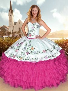 Sweetheart Sleeveless 15 Quinceanera Dress Floor Length Embroidery Hot Pink Satin and Organza
