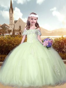 Fashion Off The Shoulder Short Sleeves Lace Up Little Girl Pageant Dress Yellow Green Tulle