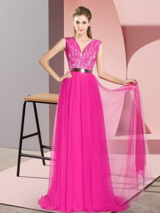 Fuchsia Prom Dresses Prom and Party and Military Ball with Beading and Lace and Belt V-neck Sleeveless Sweep Train Zippe