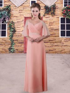Exquisite Straps Half Sleeves Damas Dress Floor Length Lace Pink and Peach Chiffon