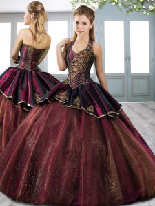 Burgundy Ball Gowns Beading and Appliques Sweet 16 Dresses Lace Up Tulle Sleeveless Floor Length