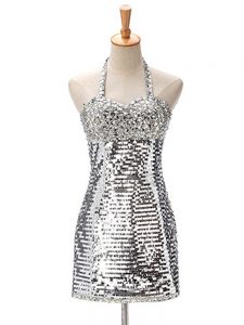 Sleeveless Sequined Mini Length Zipper in Silver with Ruching