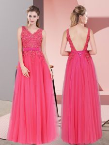 Hot Pink Tulle Backless Dress for Prom Sleeveless Floor Length Lace